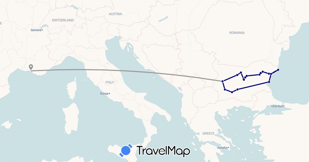 TravelMap itinerary: driving, plane in Bulgaria, France (Europe)